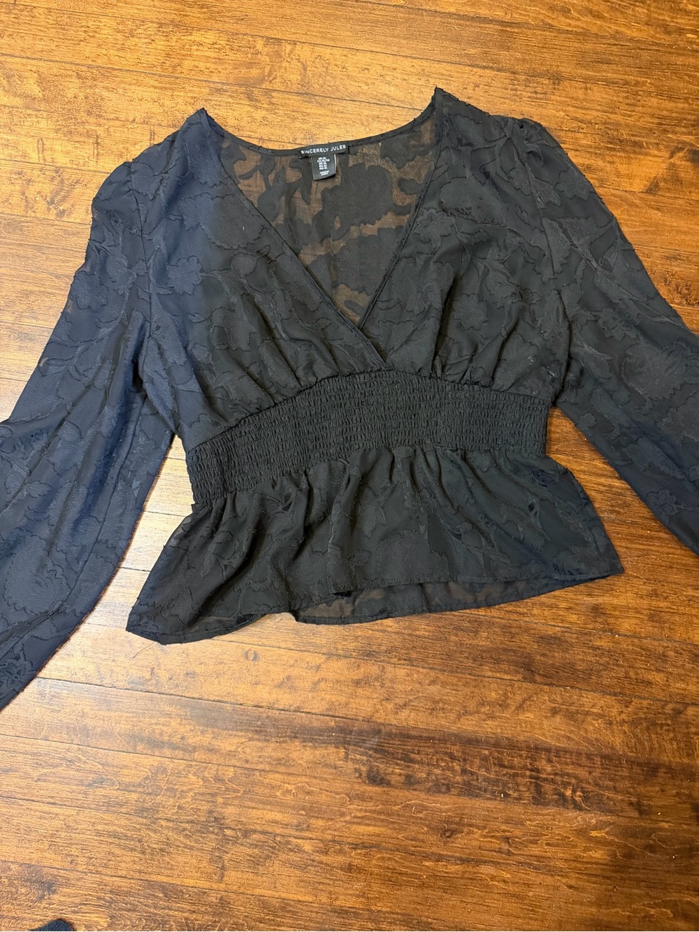 Sincerely Jules Black Lace Smocked V-Neck Peplum Blouse Business Casual Work